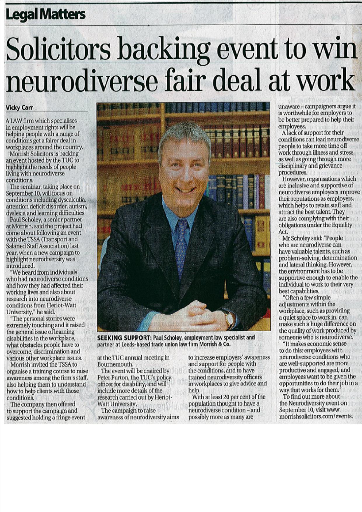 Morrish Solicitors | Neurodiverse Fair Deal | Newspaper Clipping